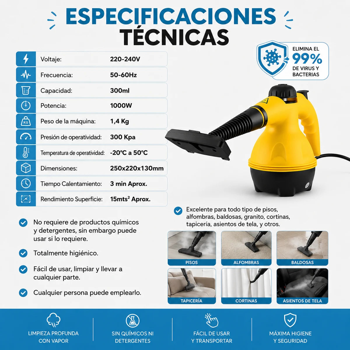 VaporJet Pro — Limpiadora a Vapor de Alta Presión 1000W + 11 Accesorios