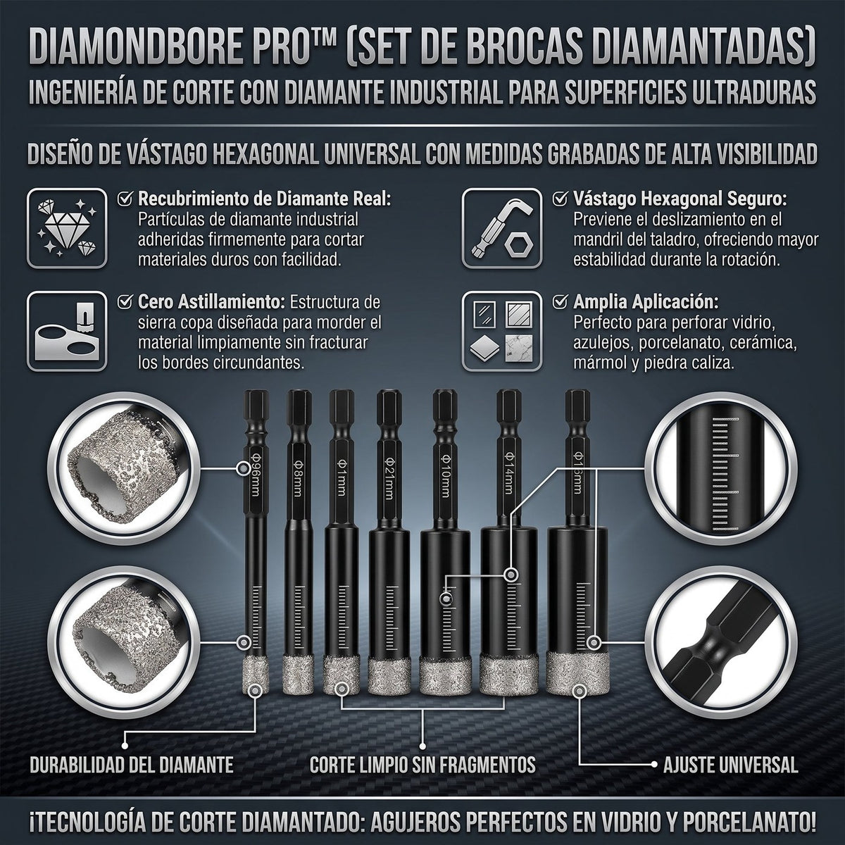 DiamondBore Pro™ — Set de Brocas Diamantadas para Porcelanato y Vidrio